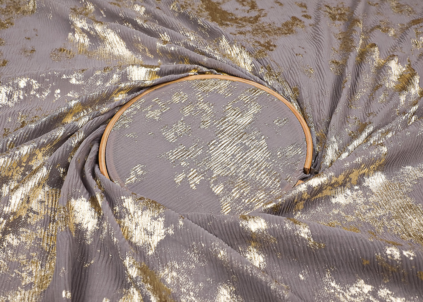Grey Crushed Georgette Fabric With All Over Golden Foil Work 19529