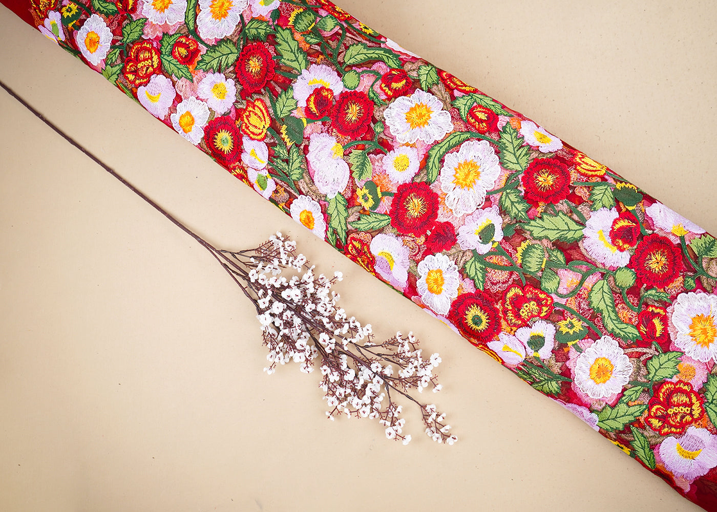 Red Imported Net Fabric With All Over Thread Work Flowers 19531