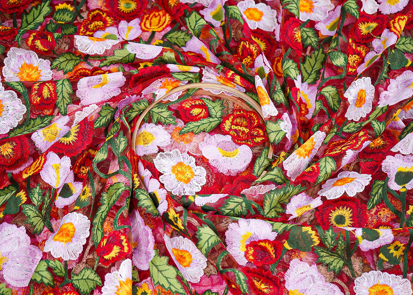 Red Imported Net Fabric With All Over Thread Work Flowers 19531