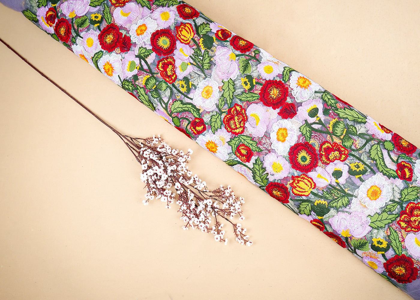 Lavender Imported Net Fabric With All Over Thread Work Flowers 19532