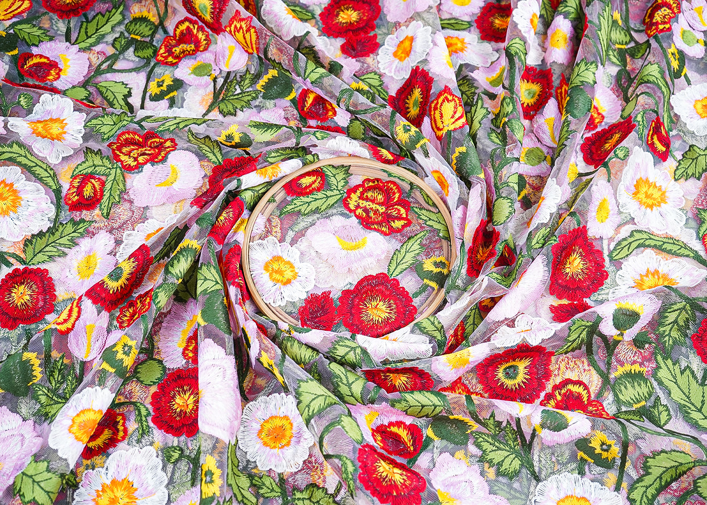 Lavender Imported Net Fabric With All Over Thread Work Flowers 19532