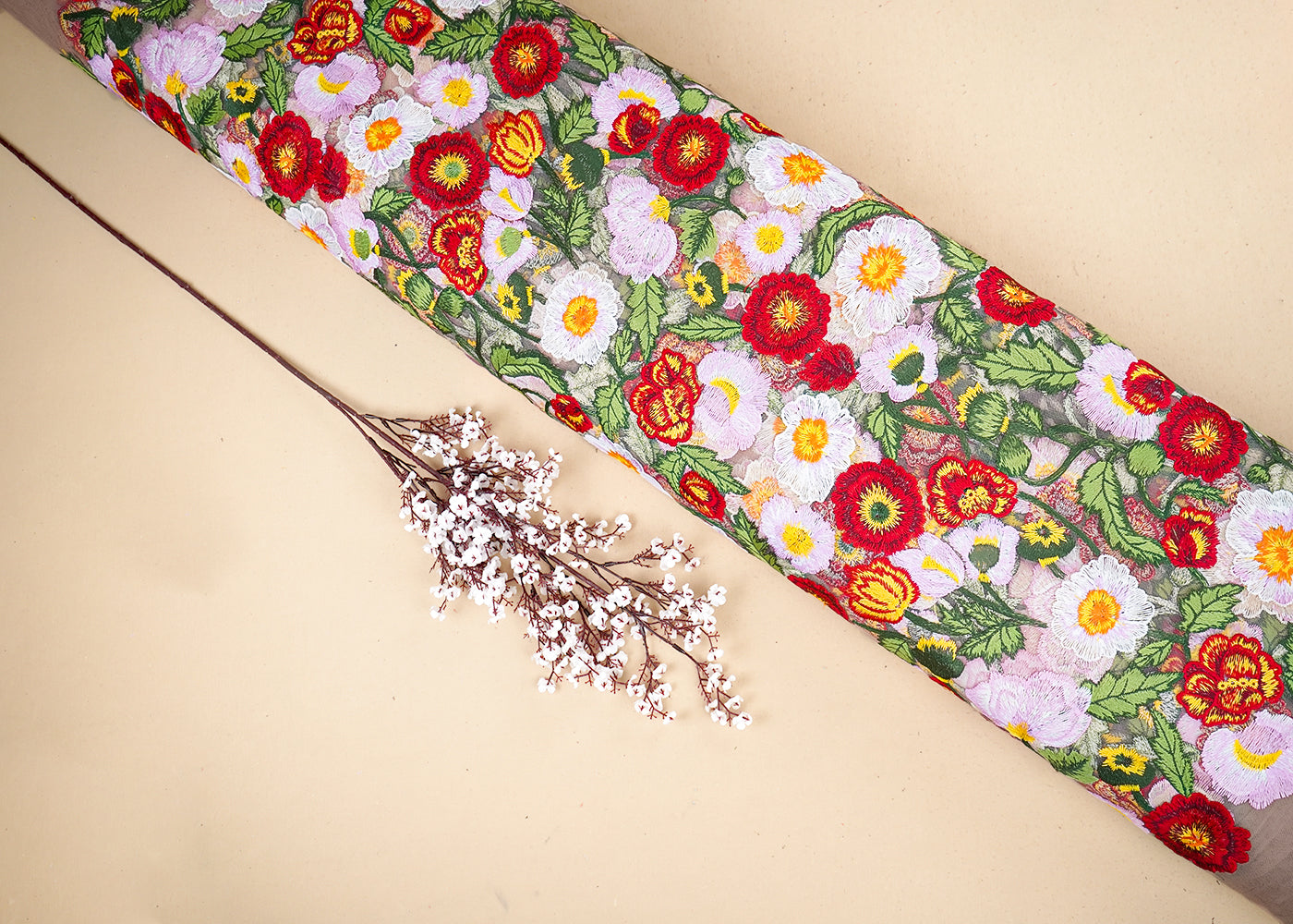 Beige Imported Net Fabric With All Over Thread Work Flowers 19533