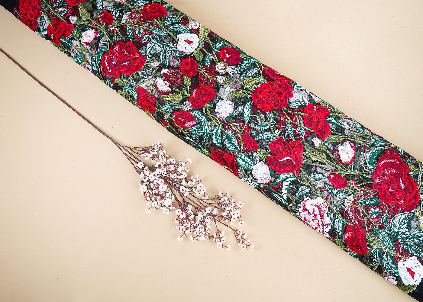 Black Imported Net Fabric With All Over Thread Work Flowers 19534