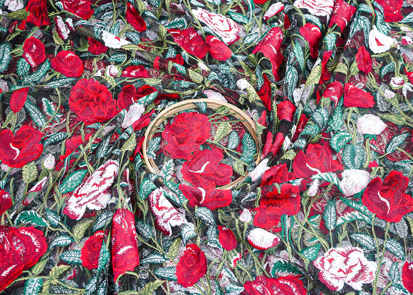 Black Imported Net Fabric With All Over Thread Work Flowers 19534