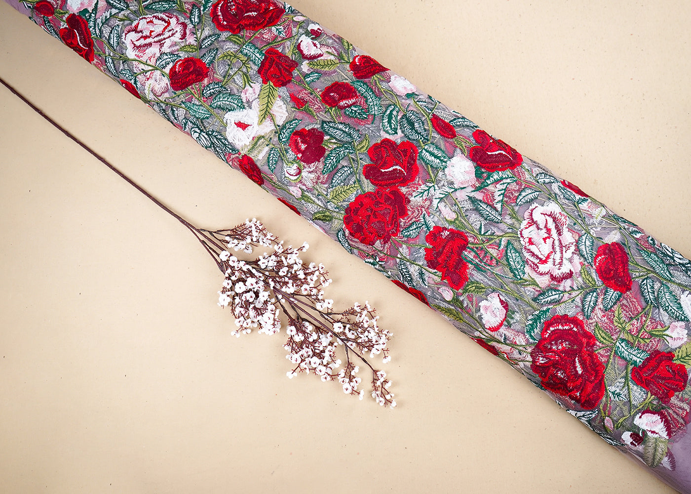 Onion Imported Net Fabric With All Over Thread Work Flowers 19535