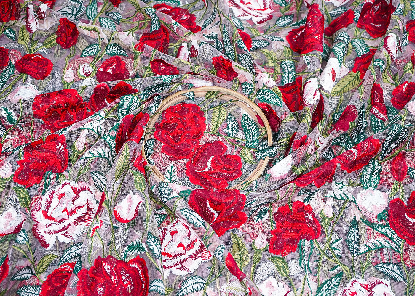 Onion Imported Net Fabric With All Over Thread Work Flowers 19535