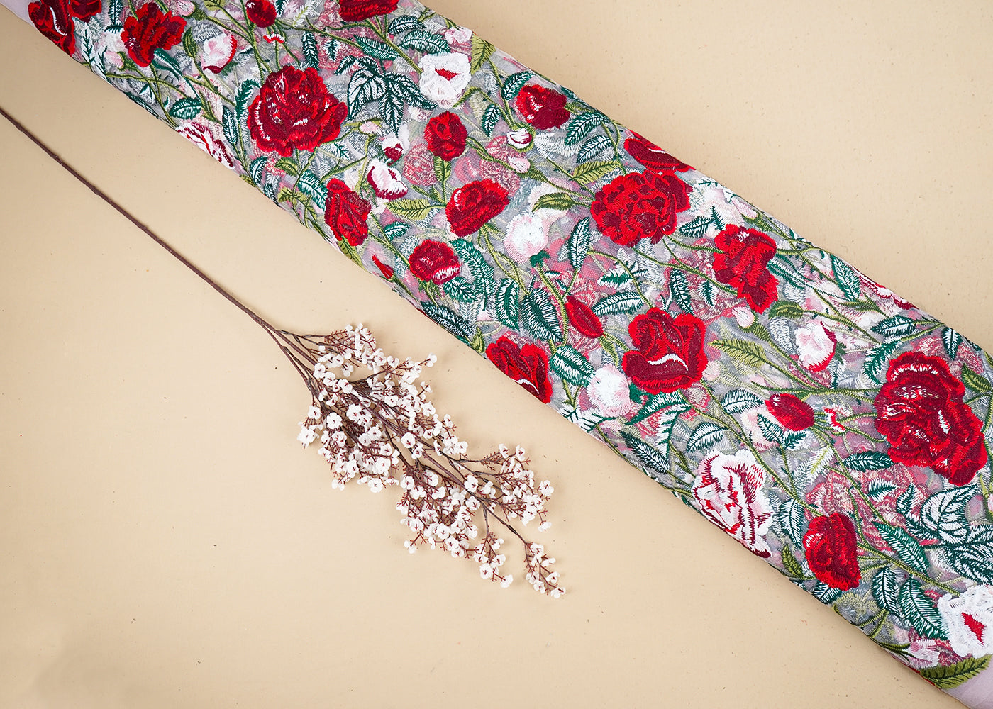 Baby Pink Imported Net Fabric With All Over Thread Work Flowers 19536