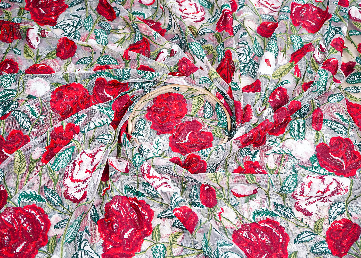 Baby Pink Imported Net Fabric With All Over Thread Work Flowers 19536