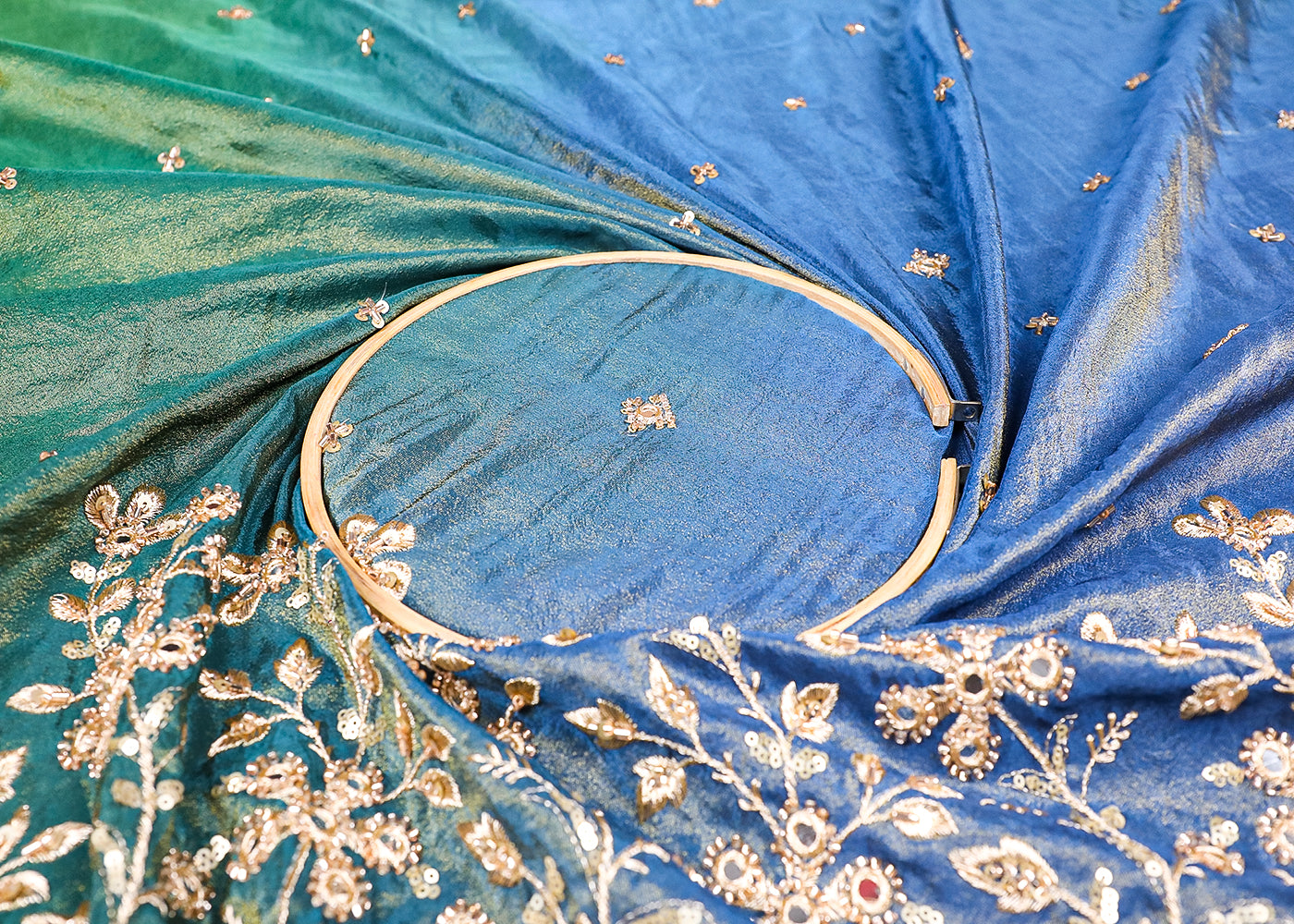 Blue And Green Tissue Ombre Fabric With All Over Faux Mirror, Bead, Sequins, Katdana Buti And One Side Heavy Border 19537