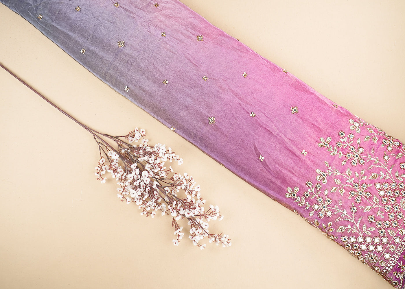 Lavender And Pink Tissue Ombre Fabric With All Over Faux Mirror, Bead, Sequins, Katdana Buti And One Side Heavy Border 19538