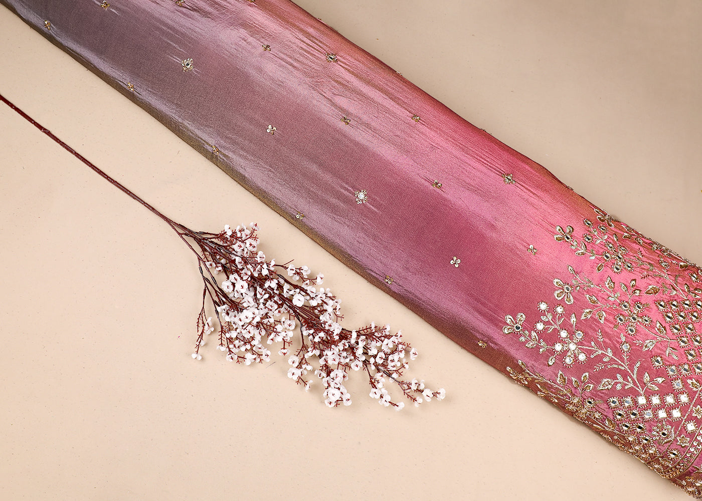 Lavender And Pink Tissue Ombre Fabric With All Over Faux Mirror, Bead, Sequins, Katdana Buti And One Side Heavy Border 19538