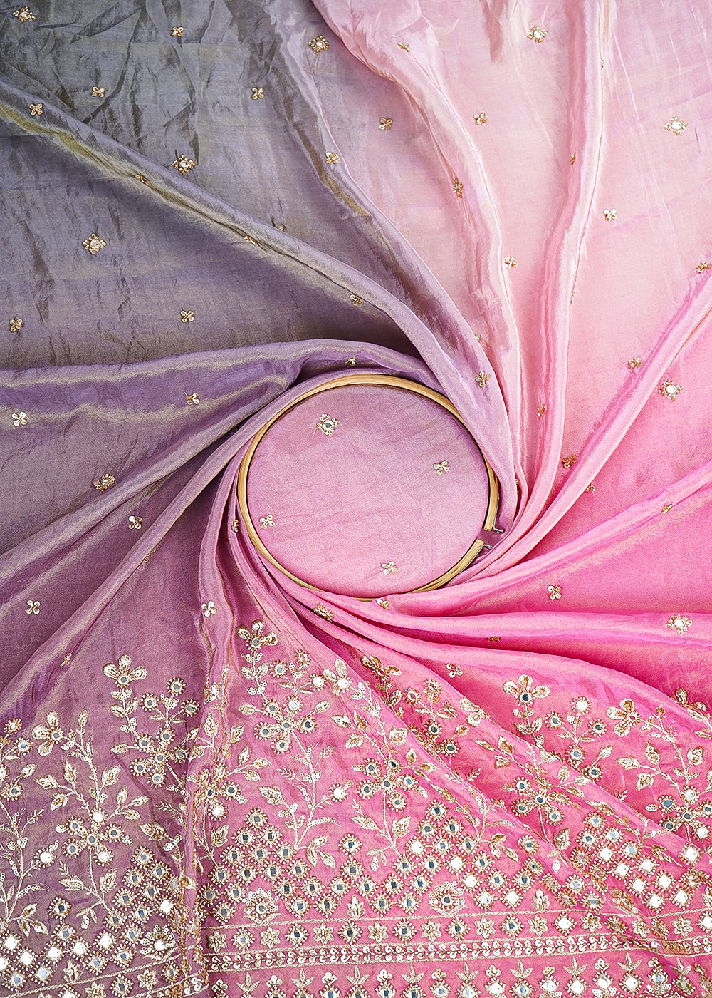 Lavender And Pink Tissue Ombre Fabric With All Over Faux Mirror, Bead, Sequins, Katdana Buti And One Side Heavy Border 19538