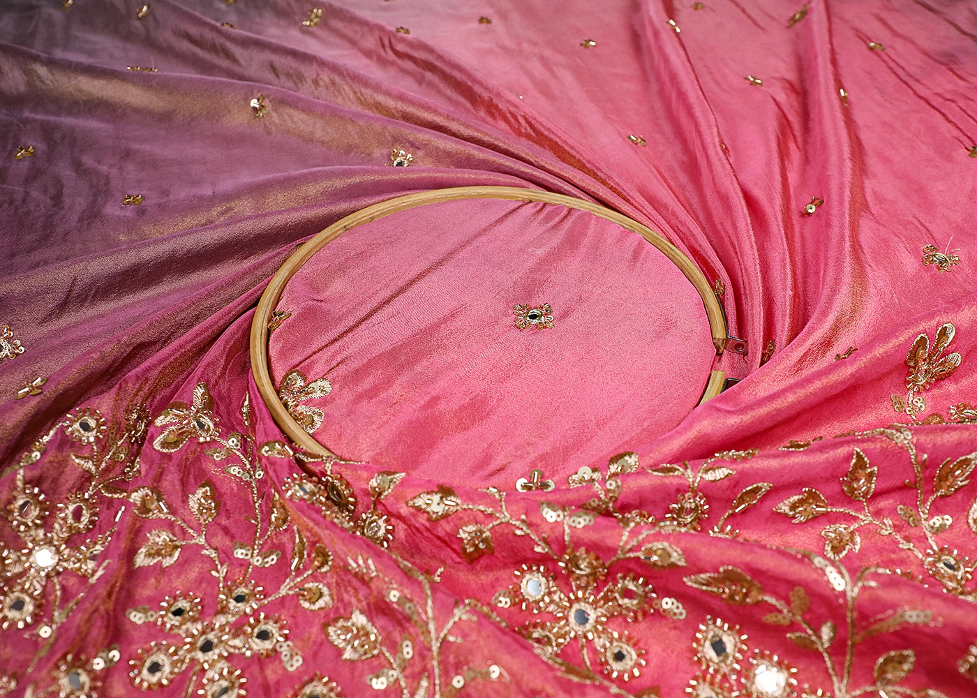 Lavender And Pink Tissue Ombre Fabric With All Over Faux Mirror, Bead, Sequins, Katdana Buti And One Side Heavy Border 19538