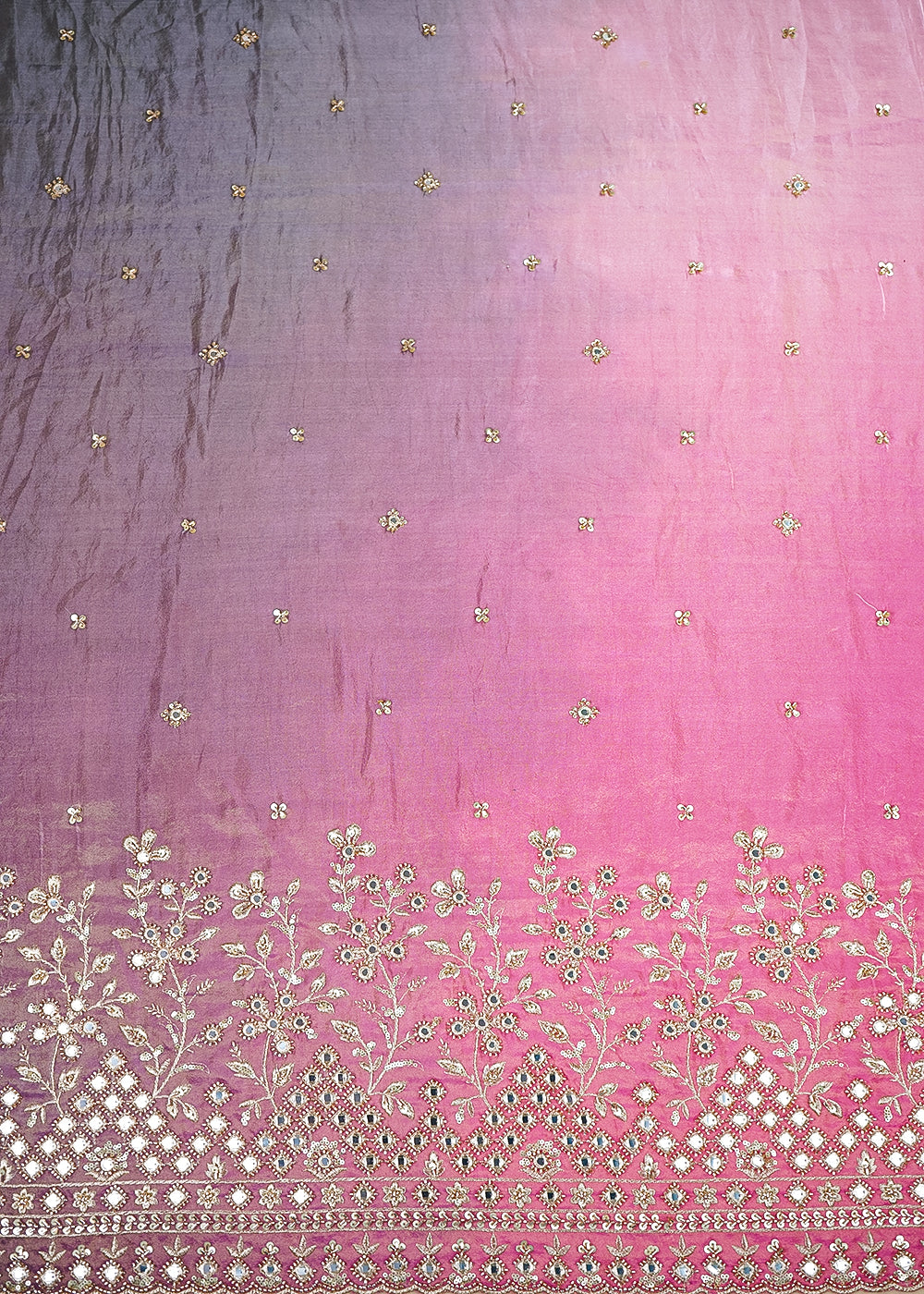 Lavender And Pink Tissue Ombre Fabric With All Over Faux Mirror, Bead, Sequins, Katdana Buti And One Side Heavy Border 19538