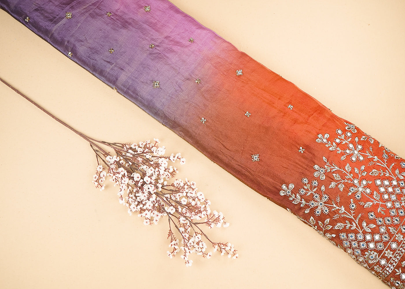 Orange And Pink Tissue Ombre Fabric With All Over Faux Mirror, Bead, Sequins, Katdana Buti And One Side Heavy Border 19539