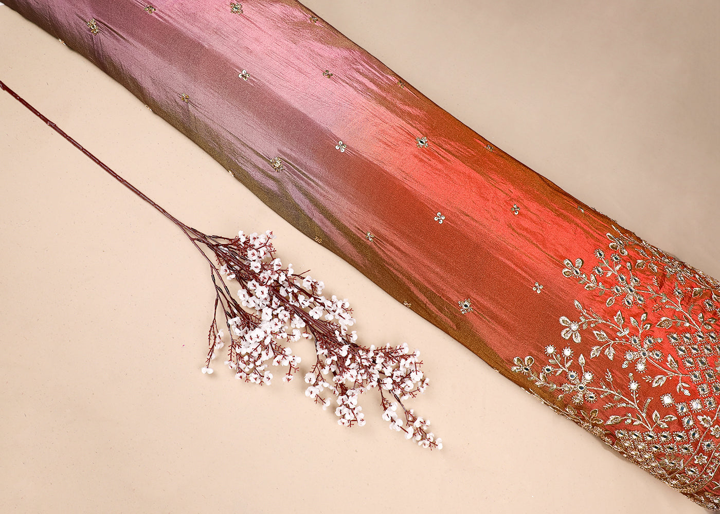 Orange And Pink Tissue Ombre Fabric With All Over Faux Mirror, Bead, Sequins, Katdana Buti And One Side Heavy Border 19539
