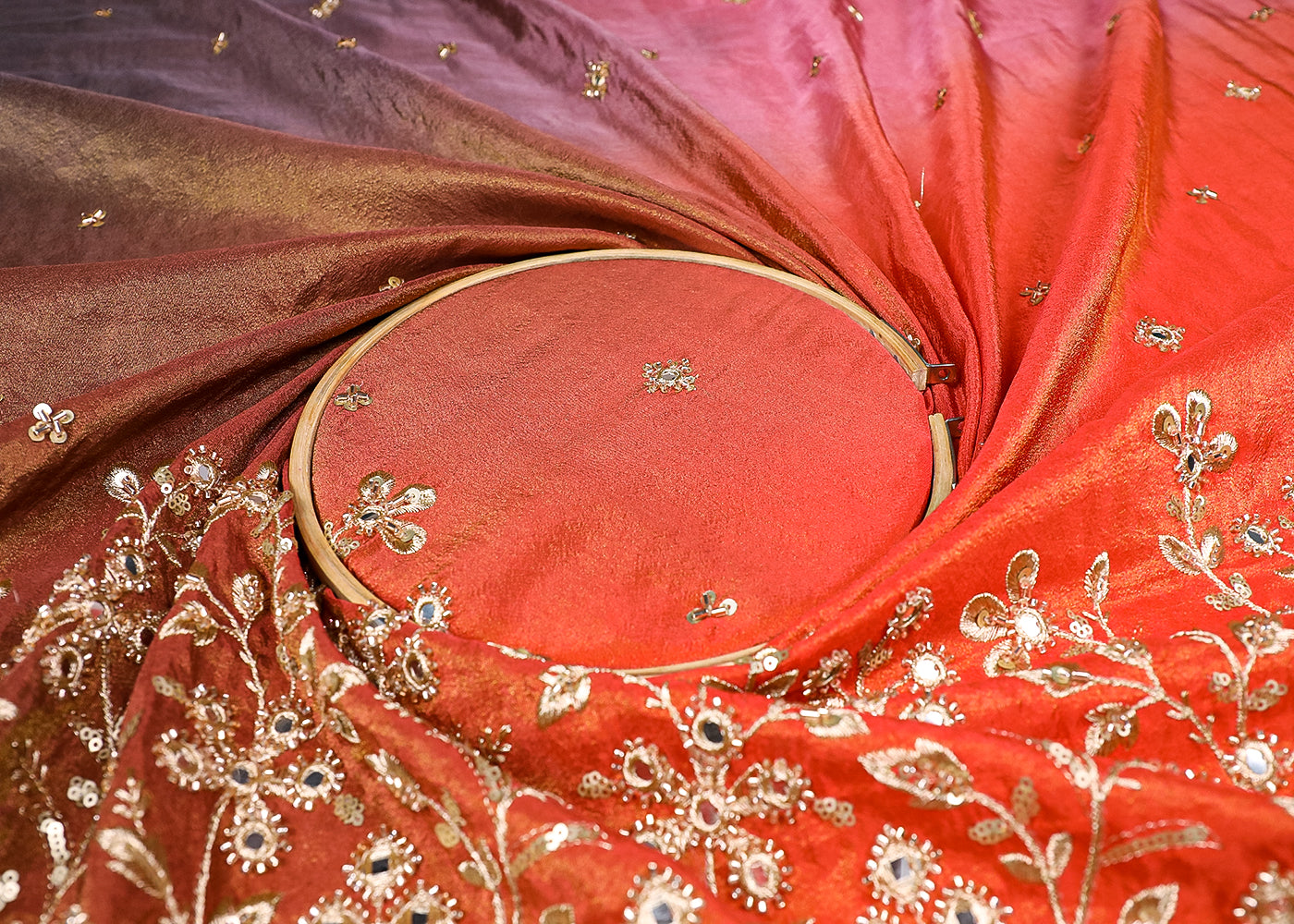 Orange And Pink Tissue Ombre Fabric With All Over Faux Mirror, Bead, Sequins, Katdana Buti And One Side Heavy Border 19539
