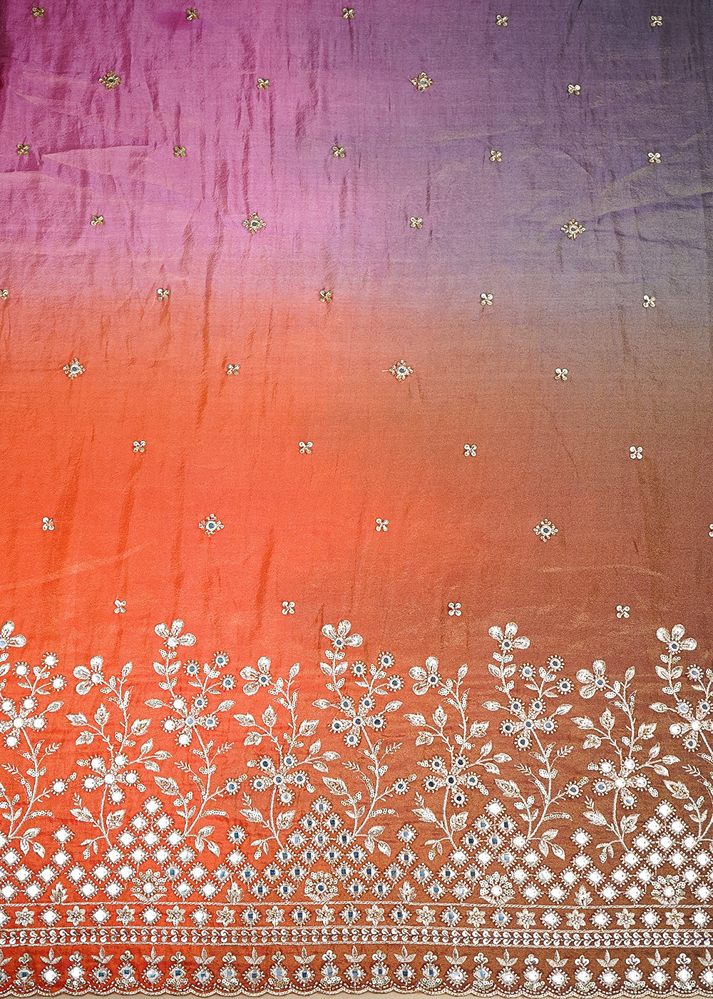 Orange And Pink Tissue Ombre Fabric With All Over Faux Mirror, Bead, Sequins, Katdana Buti And One Side Heavy Border 19539