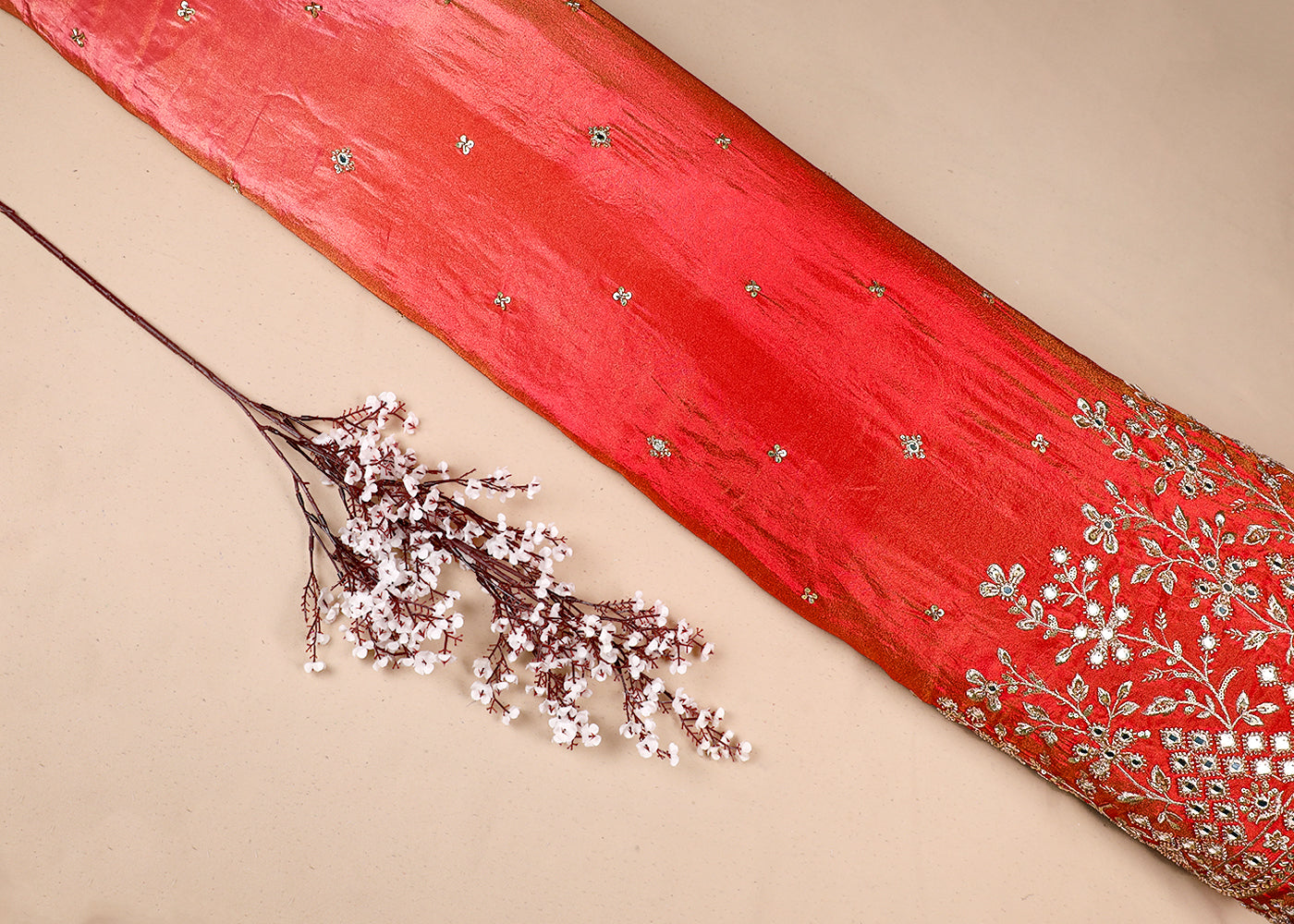 Red And Peach Tissue Ombre Fabric With All Over Faux Mirror, Bead, Sequins, Katdana Buti And One Side Heavy Border 19540