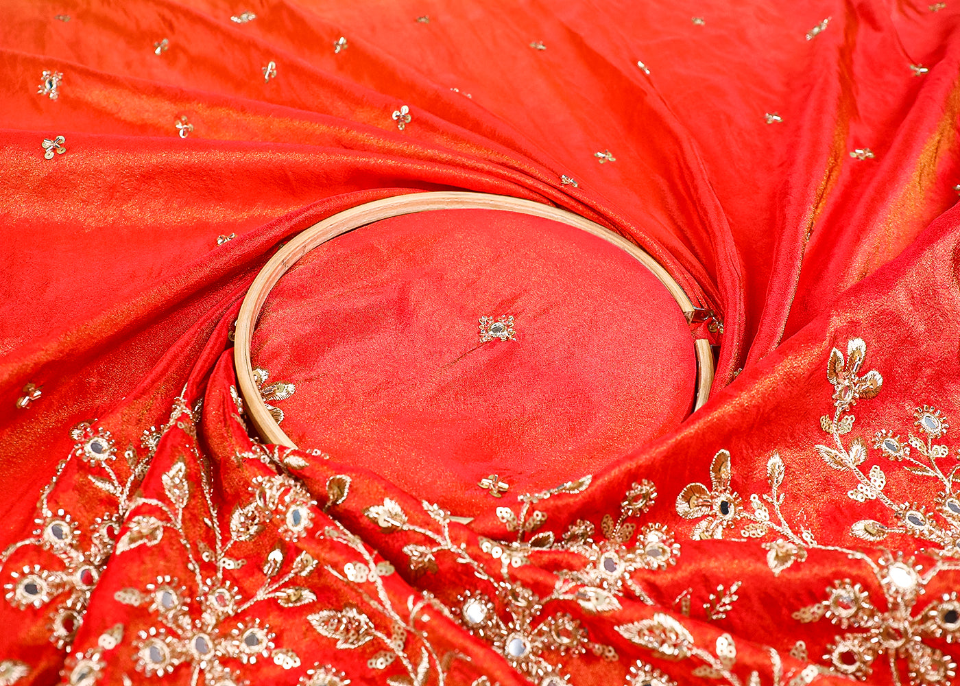 Red And Peach Tissue Ombre Fabric With All Over Faux Mirror, Bead, Sequins, Katdana Buti And One Side Heavy Border 19540