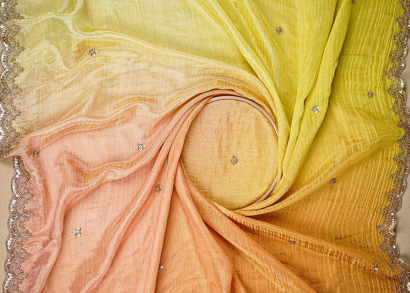 Peach And Yellow Tissue Ombre Fabric With All Over Sequins And Katdana Work With Two Side Border 19541