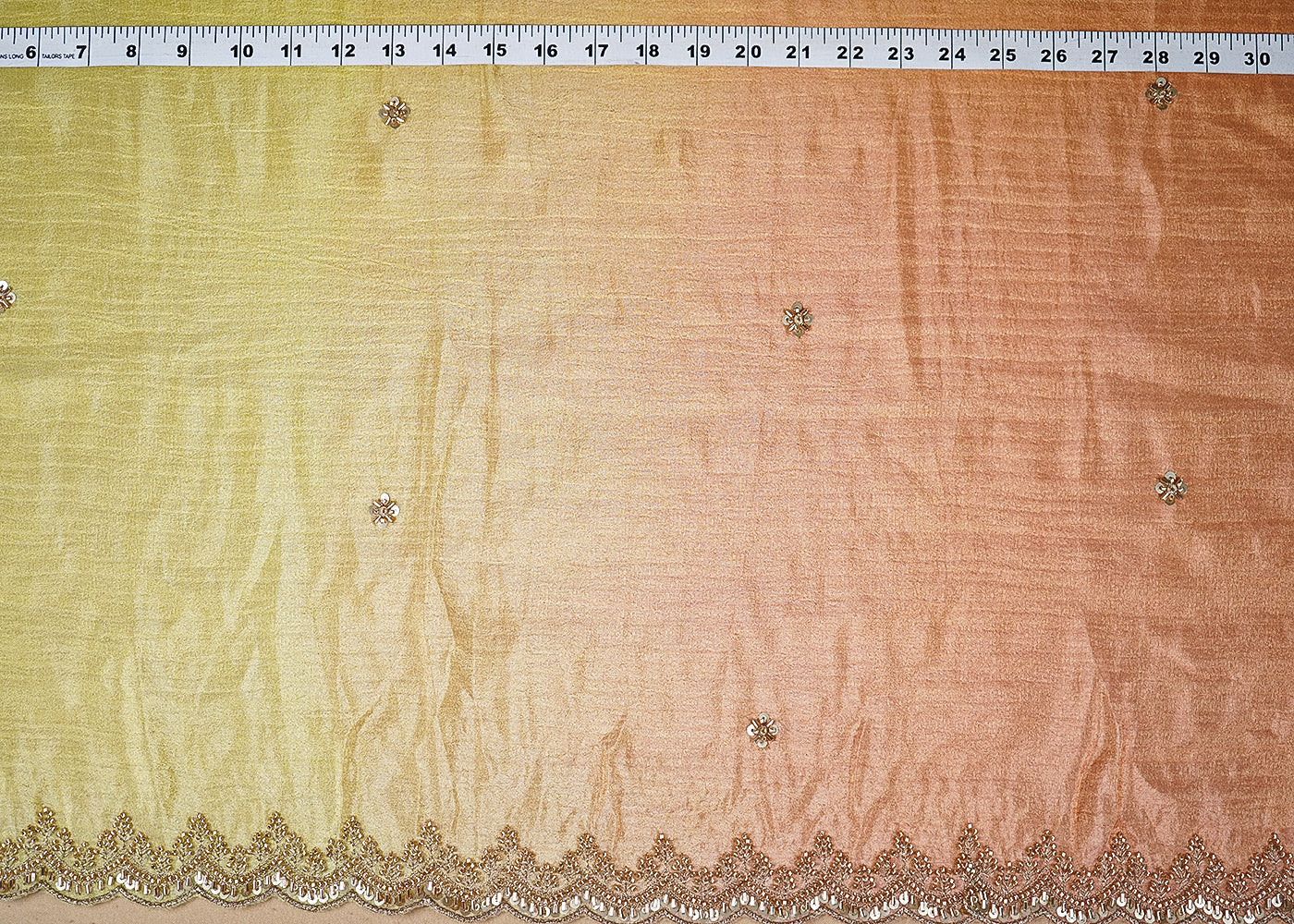 Peach And Yellow Tissue Ombre Fabric With All Over Sequins And Katdana Work With Two Side Border 19541