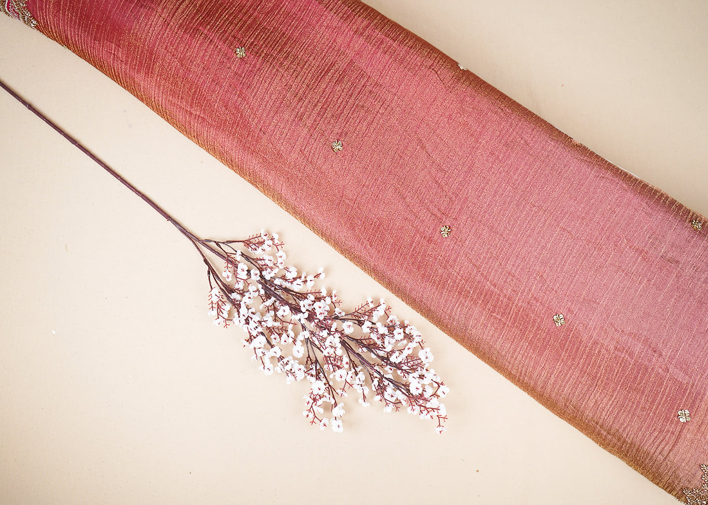 Peach And Pink Tissue Ombre Fabric With All Over Sequins And Katdana Work With Two Side Border 19542