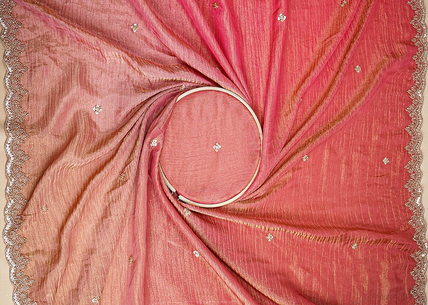 Peach And Pink Tissue Ombre Fabric With All Over Sequins And Katdana Work With Two Side Border 19542