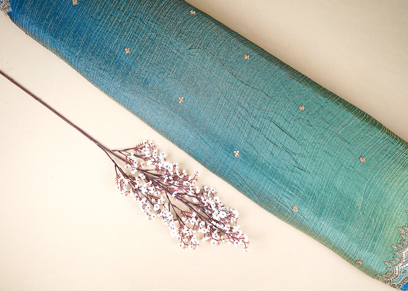 Blue And Green Tissue Ombre Fabric With All Over Sequins And Katdana Work With Two Side Border 19543