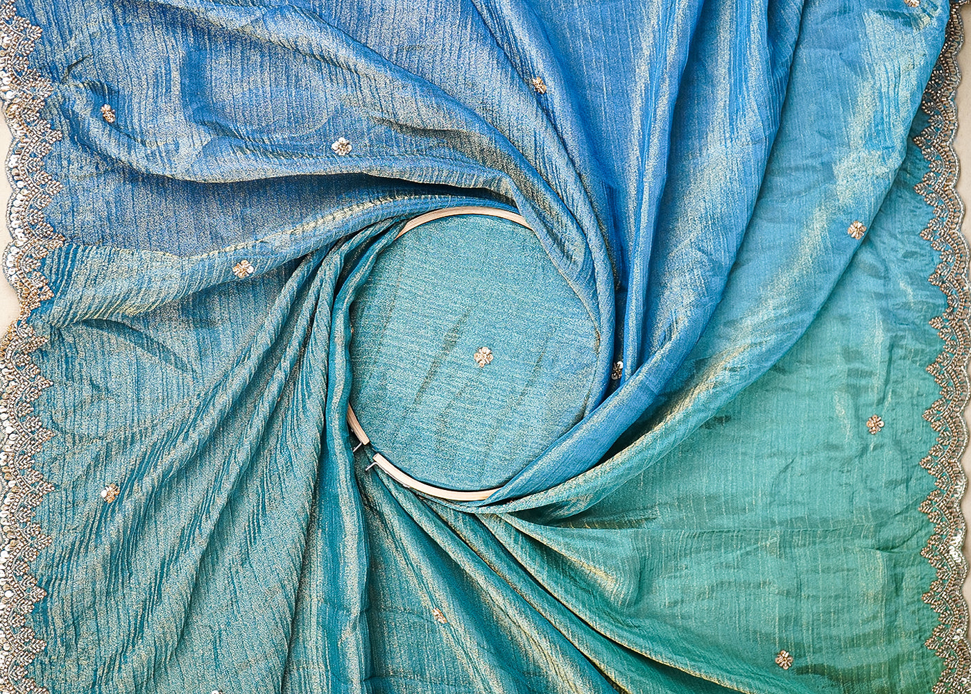 Blue And Green Tissue Ombre Fabric With All Over Sequins And Katdana Work With Two Side Border 19543