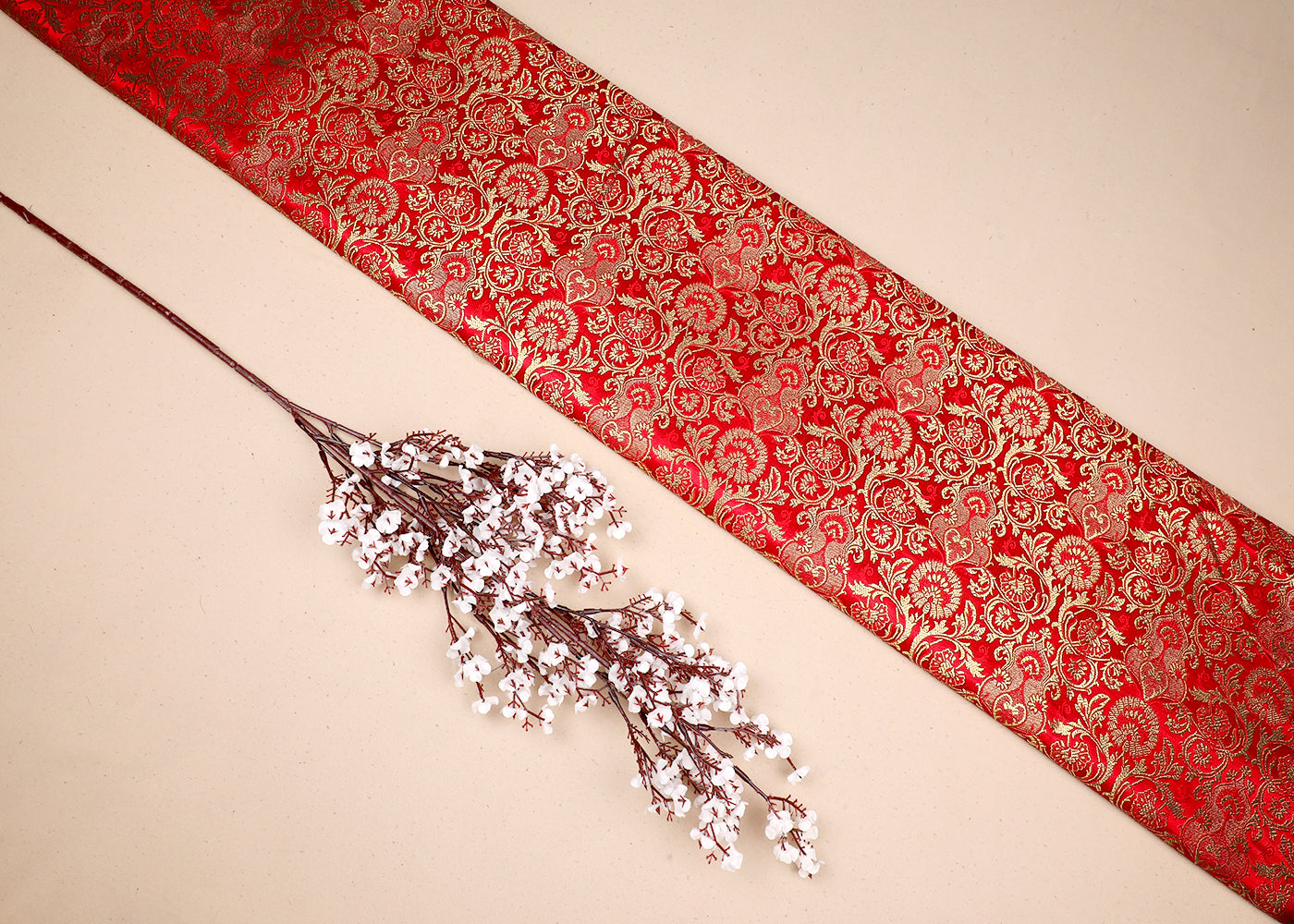 Red Banarasi Brocade Fabric With All Over Thread And Golden Zari Handloom 19546