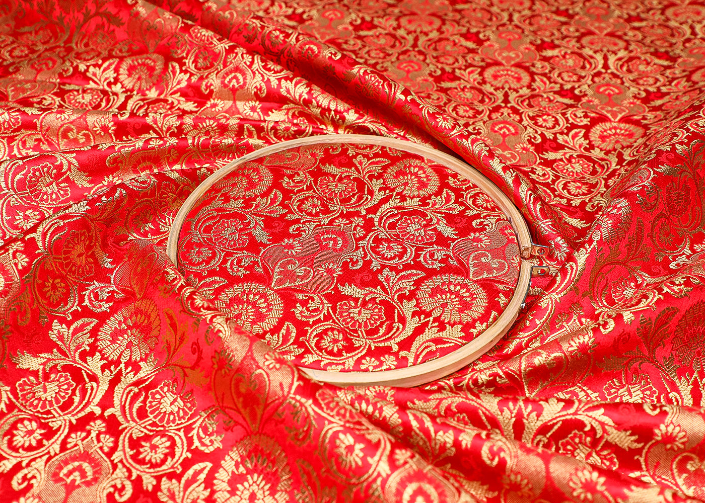 Red Banarasi Brocade Fabric With All Over Thread And Golden Zari Handloom 19546