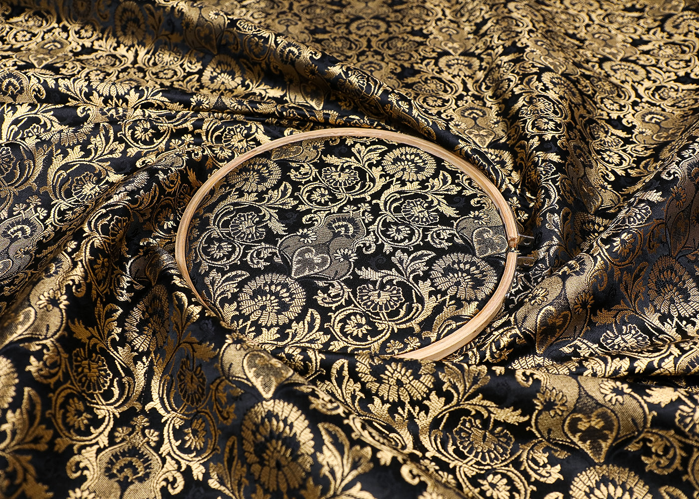 Black Banarasi Brocade Fabric With All Over Thread And Golden Zari Handloom 19547