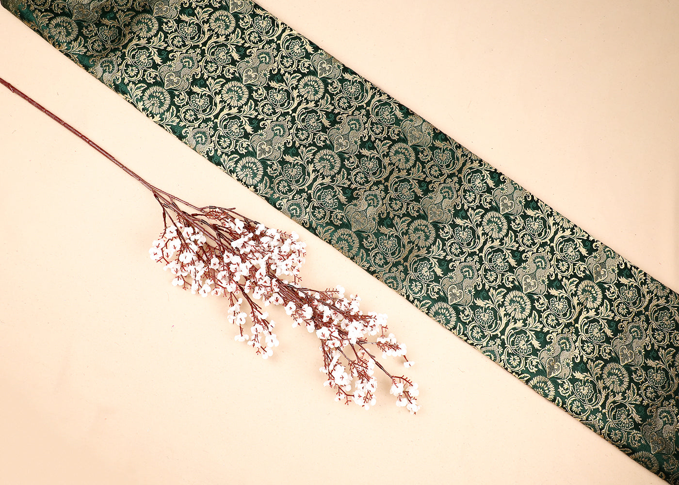 Bottle Green Banarasi Brocade Fabric With All Over Thread And Golden Zari Handloom 19548