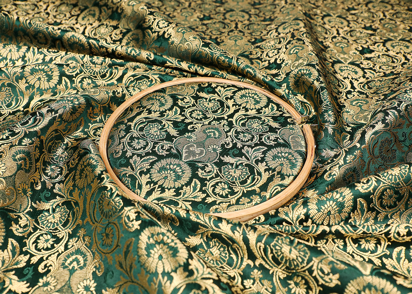 Bottle Green Banarasi Brocade Fabric With All Over Thread And Golden Zari Handloom 19548