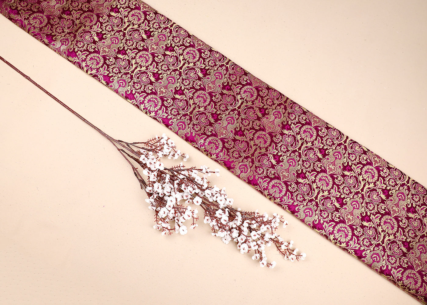 Purple Banarasi Brocade Fabric With All Over Thread And Golden Zari Handloom 19549
