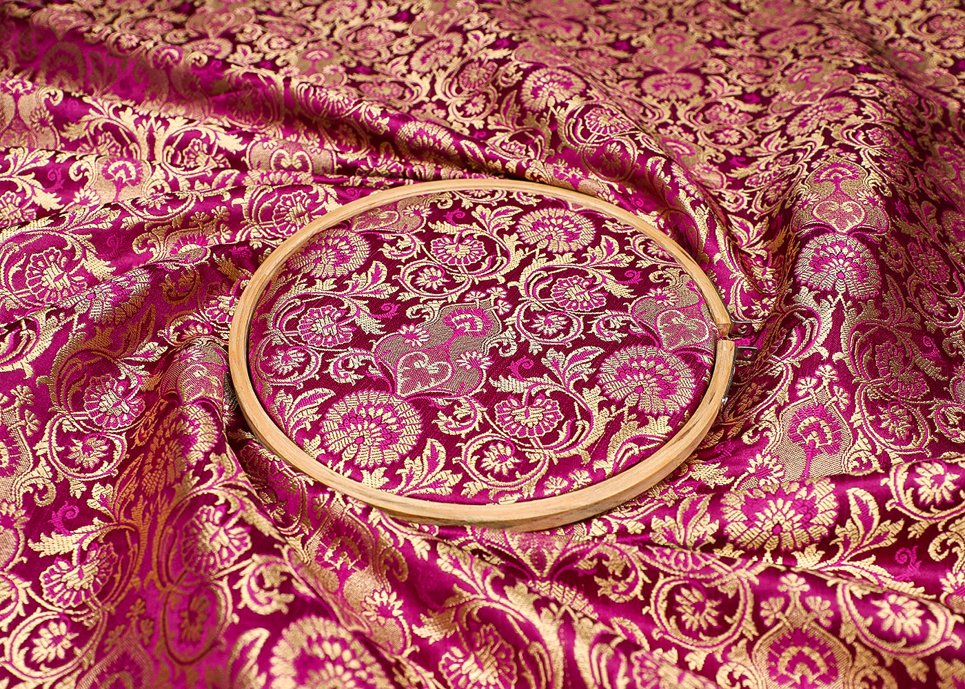 Purple Banarasi Brocade Fabric With All Over Thread And Golden Zari Handloom 19549