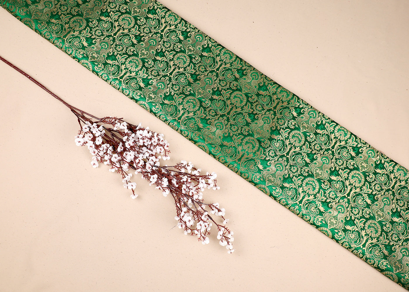 Green Banarasi Brocade Fabric With All Over Thread And Golden Zari Handloom 19550