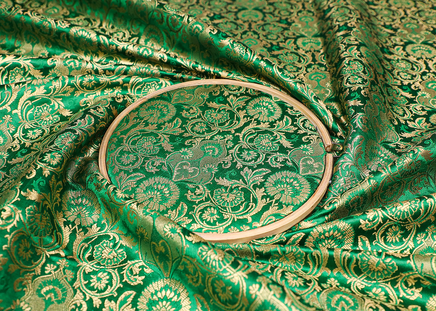Green Banarasi Brocade Fabric With All Over Thread And Golden Zari Handloom 19550