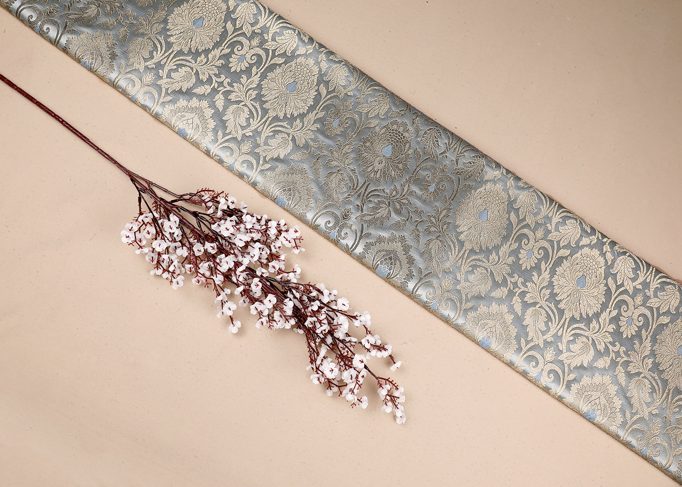Light Grey Banarasi Brocade Fabric With All Over Golden Zari Handloom 19552