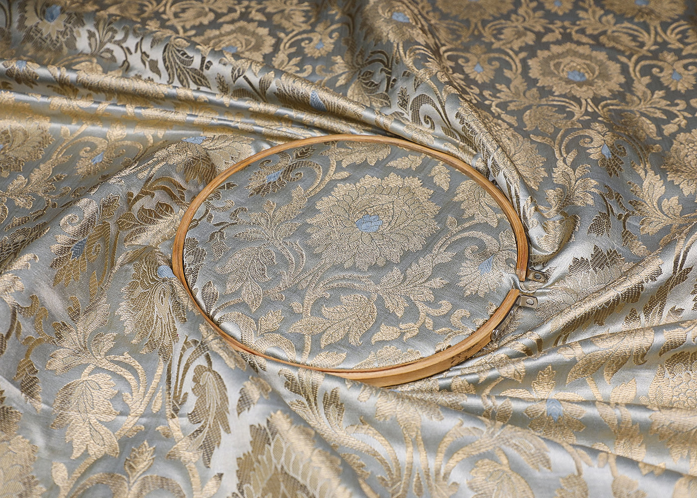 Light Grey Banarasi Brocade Fabric With All Over Golden Zari Handloom 19552