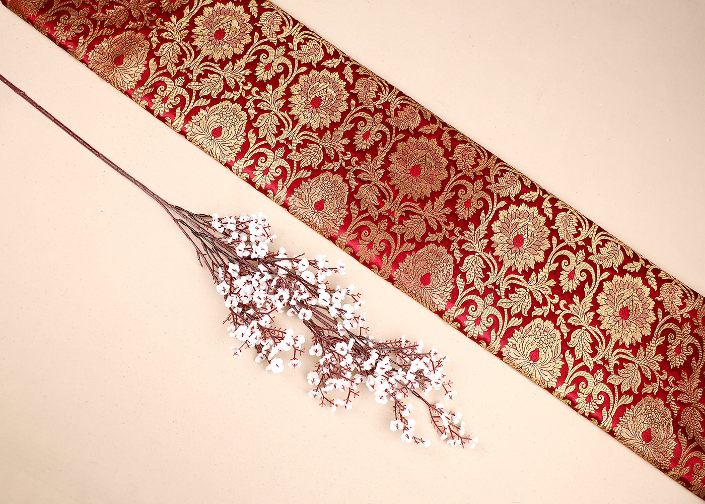 Maroon Banarasi Brocade Fabric With All Over Golden Zari Handloom 19553