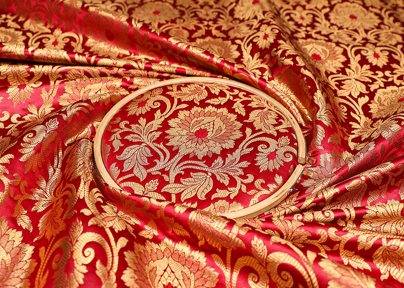 Maroon Banarasi Brocade Fabric With All Over Golden Zari Handloom 19553