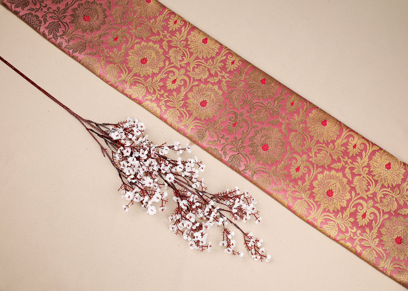 Light Pink Banarasi Brocade Fabric With All Over Golden Zari Handloom 19554