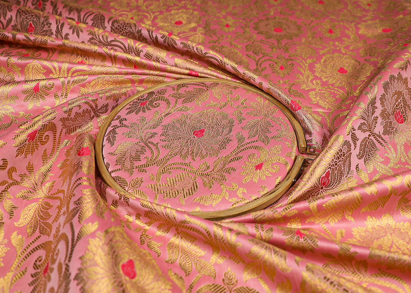 Light Pink Banarasi Brocade Fabric With All Over Golden Zari Handloom 19554