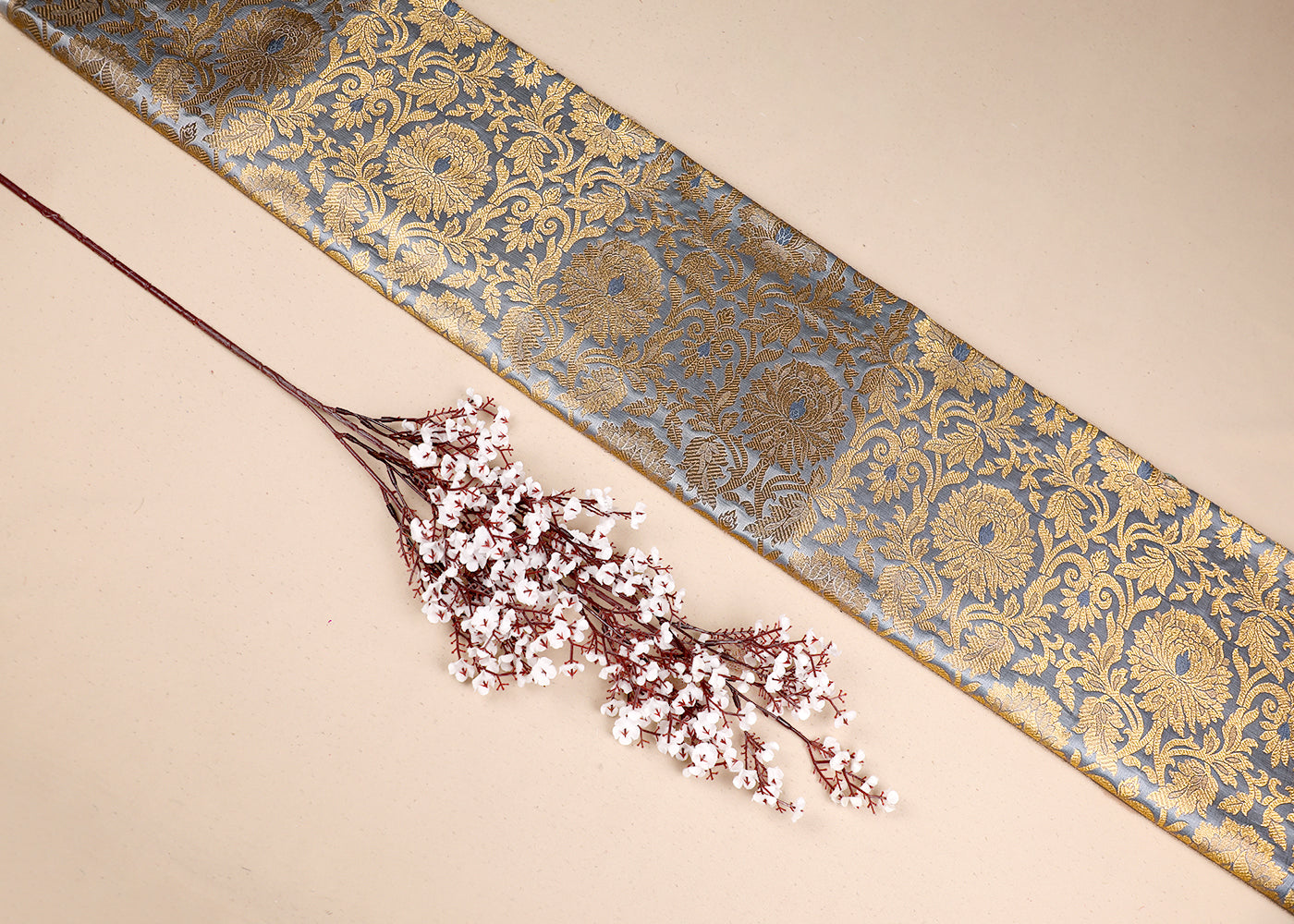 Grey Banarasi Brocade Fabric With All Over Golden Zari Handloom 19555