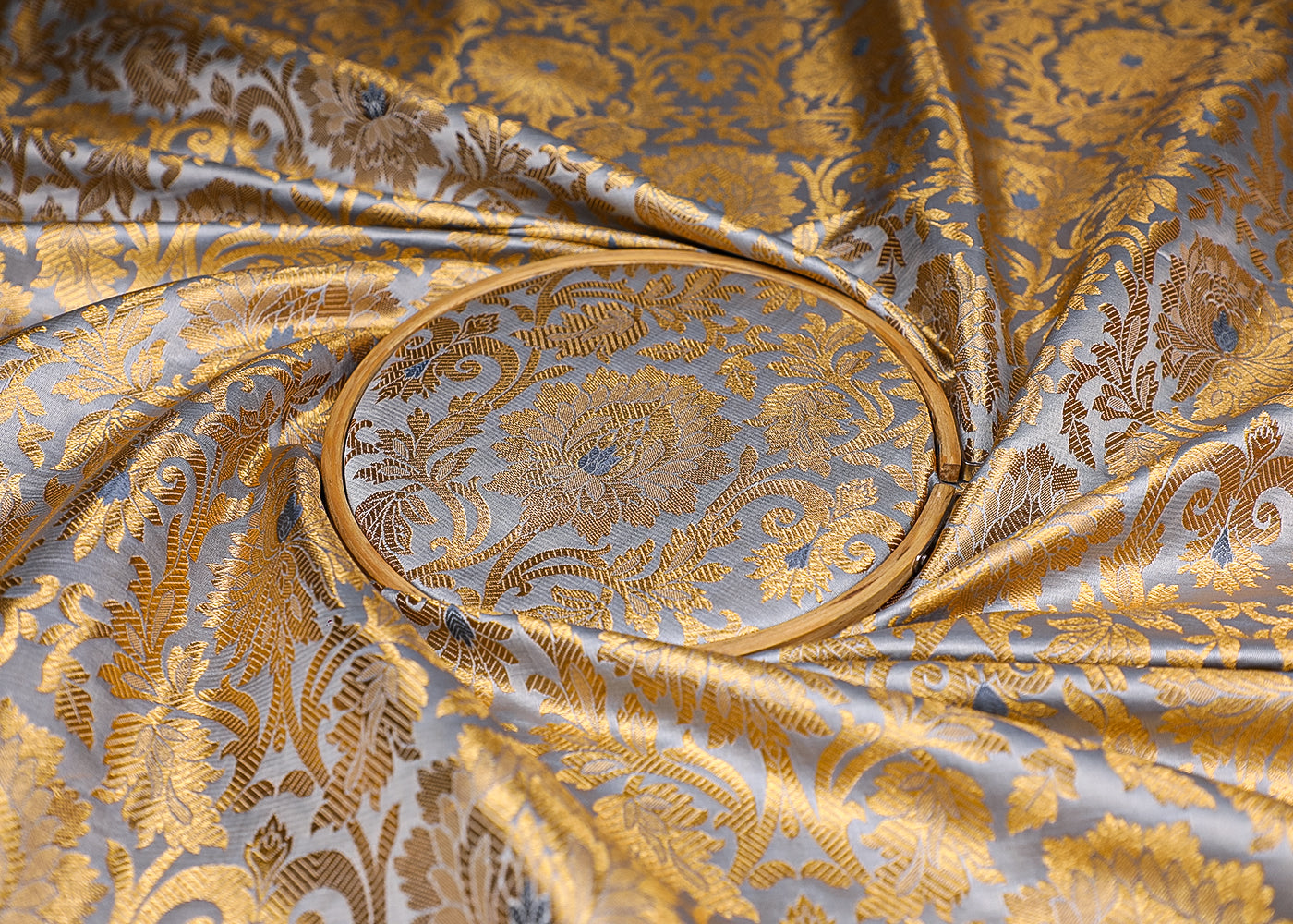 Grey Banarasi Brocade Fabric With All Over Golden Zari Handloom 19555