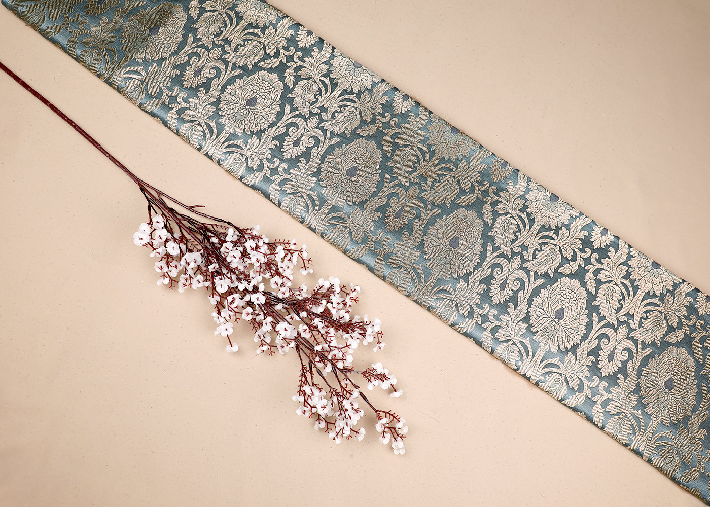 Powder Blue Banarasi Brocade Fabric With All Over Golden Zari Handloom 19556