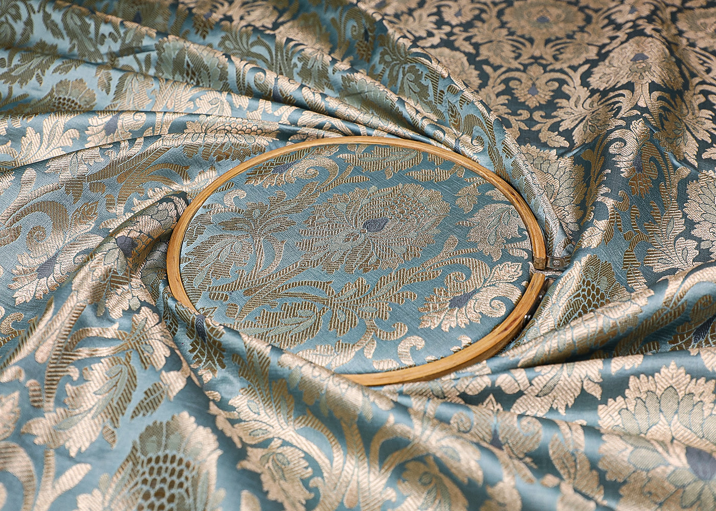 Powder Blue Banarasi Brocade Fabric With All Over Golden Zari Handloom 19556