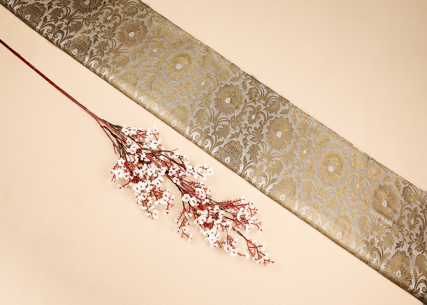 Cream Banarasi Brocade Fabric With All Over Golden Zari Handloom 19557